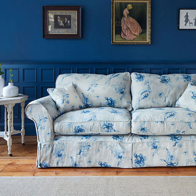 Lanhydrock Sofa in Floral Linen Lela Mystery Indigo